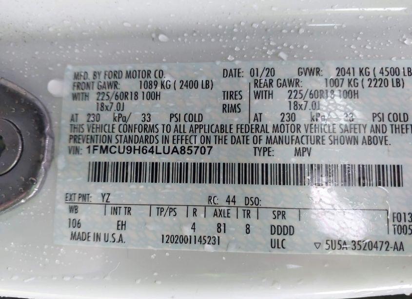 Photo 9 of 2020 Ford Escape SEL (VIN 1FMCU9H64LUA85707)