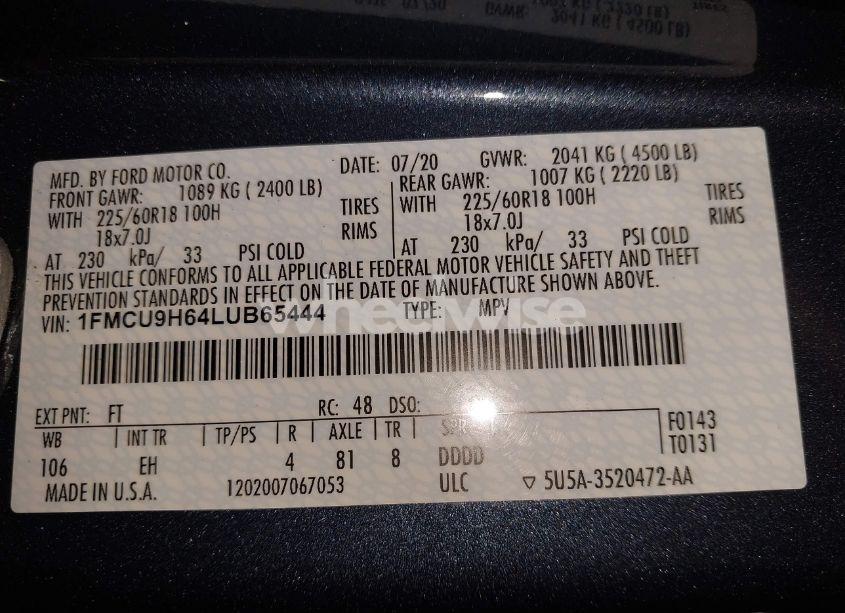 Photo 9 of 2020 Ford Escape SEL (VIN 1FMCU9H64LUB65444)