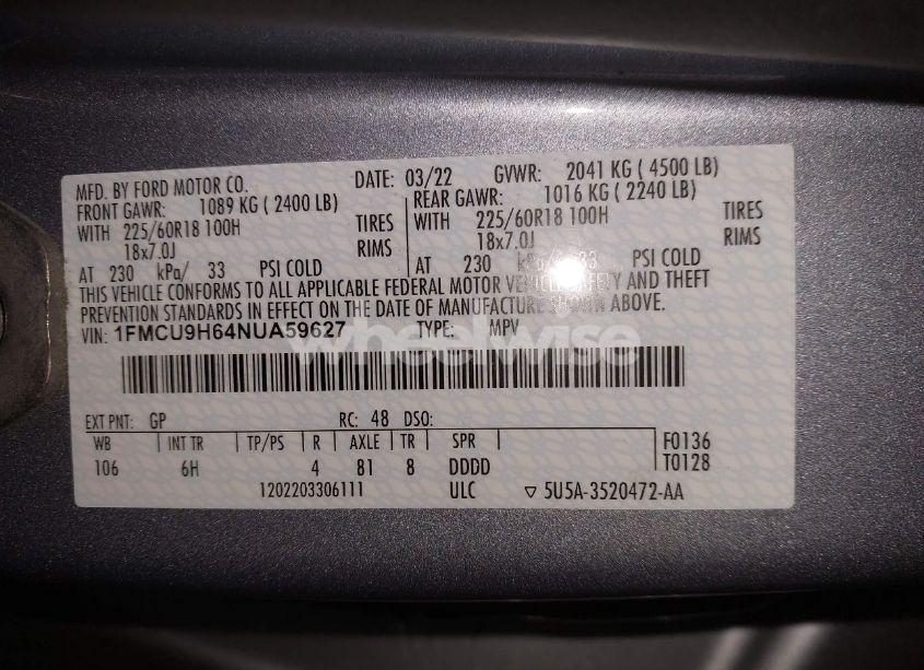Photo 9 of 2022 Ford Escape SEL (VIN 1FMCU9H64NUA59627)