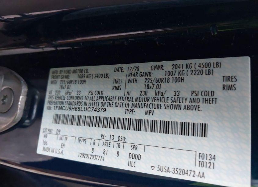 Photo 9 of 2020 Ford Escape SEL (VIN 1FMCU9H65LUC74379)