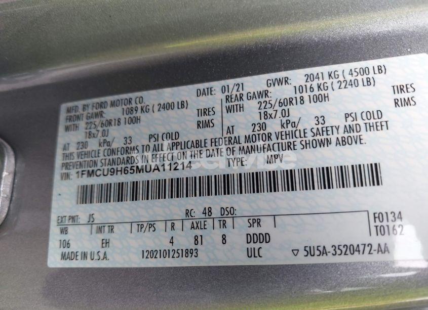 Photo 9 of 2021 Ford Escape SEL (VIN 1FMCU9H65MUA11214)