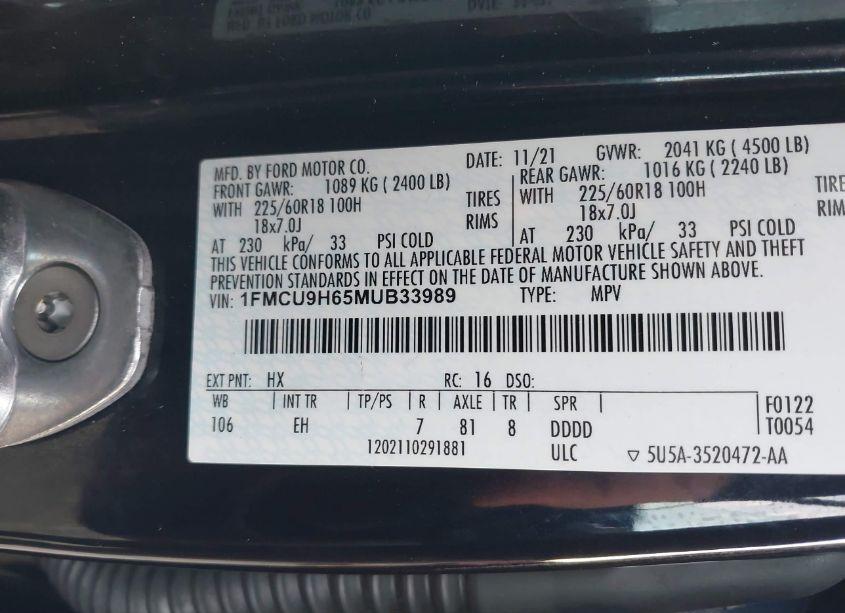 Photo 9 of 2021 Ford Escape SEL (VIN 1FMCU9H65MUB33989)