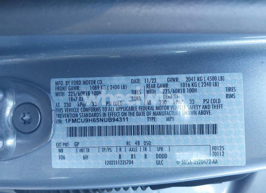 Photo 9 of 2022 Ford Escape SEL (VIN 1FMCU9H65NUB94311)