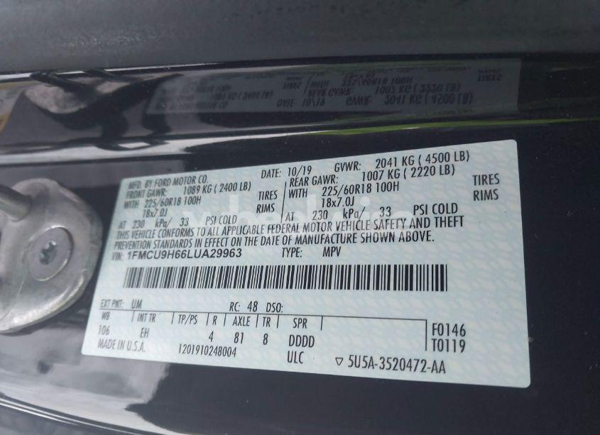 Photo 9 of 2020 Ford Escape SEL (VIN 1FMCU9H66LUA29963)