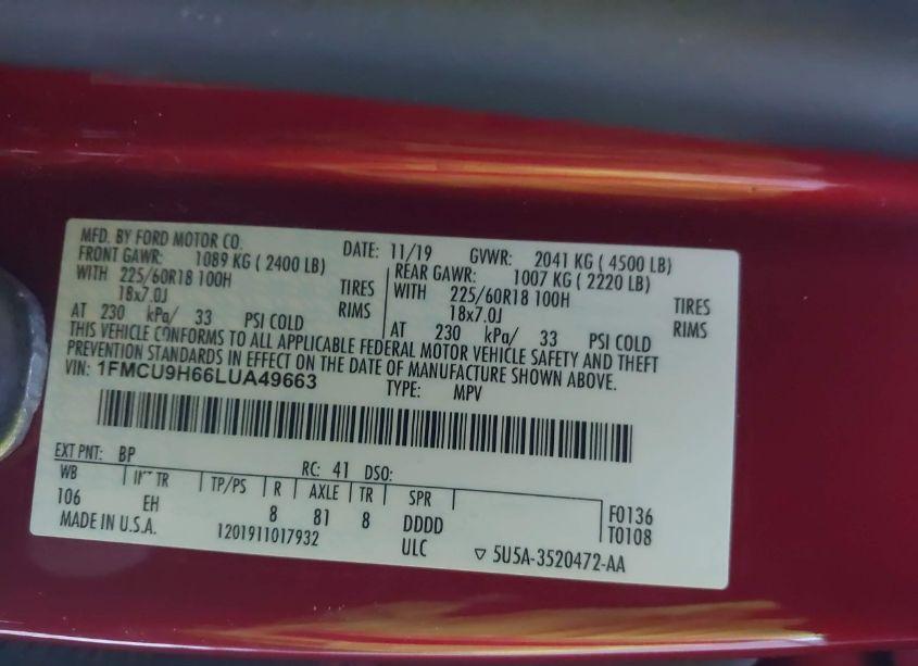 Photo 9 of 2020 Ford Escape SEL (VIN 1FMCU9H66LUA49663)