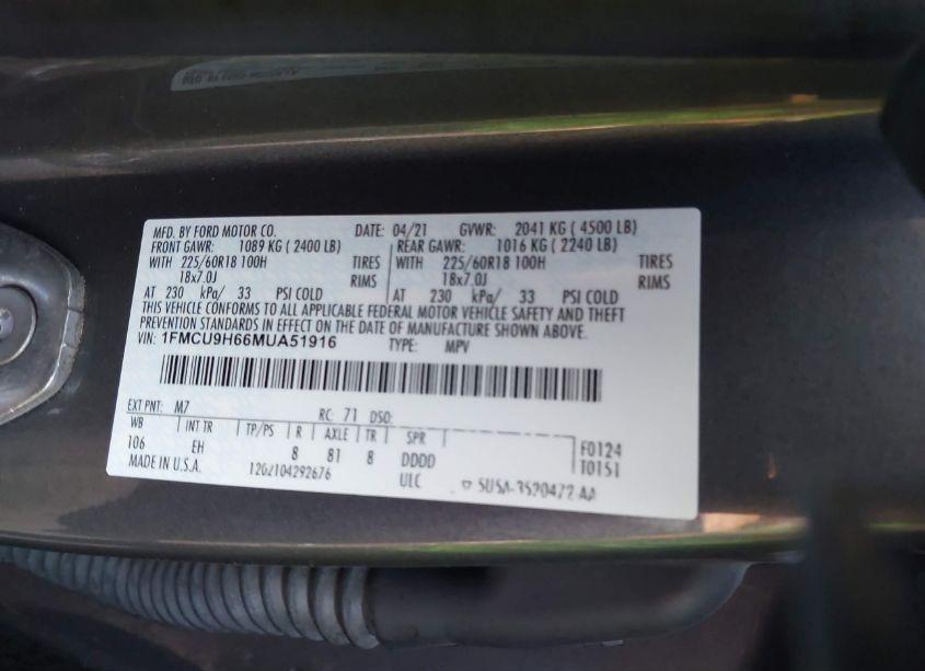 Photo 9 of 2021 Ford Escape SEL (VIN 1FMCU9H66MUA51916)