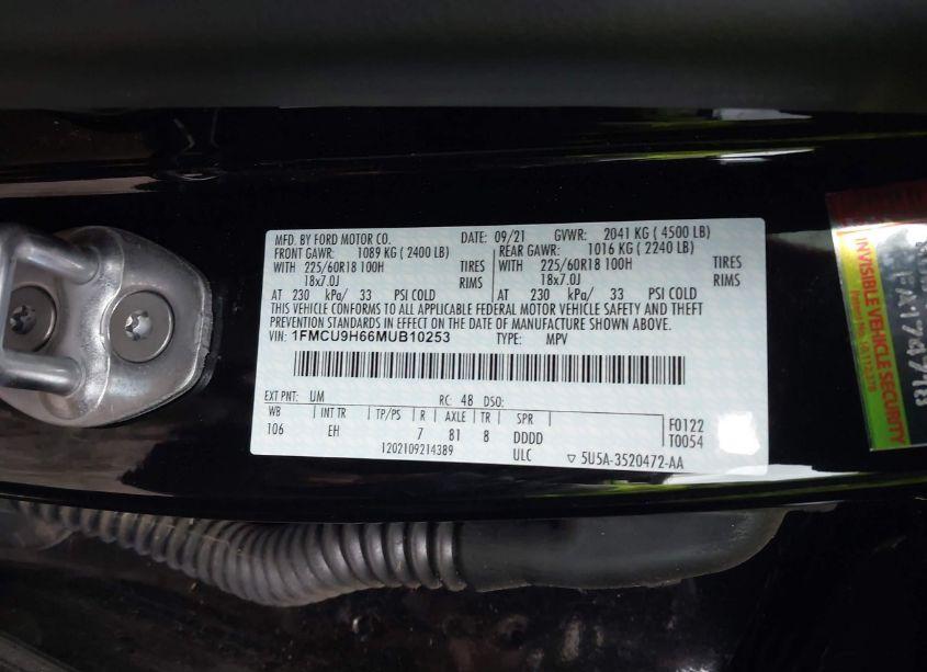 Photo 9 of 2021 Ford Escape SEL (VIN 1FMCU9H66MUB10253)