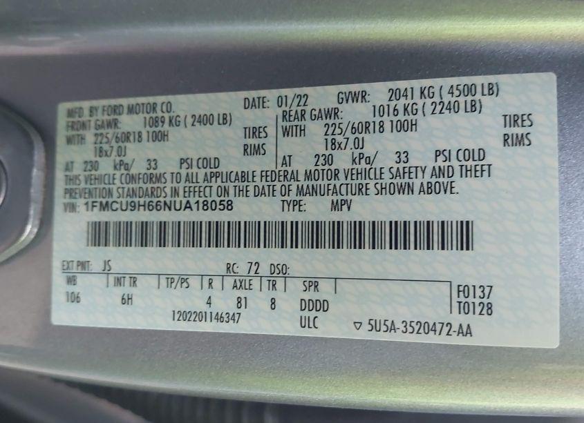 Photo 9 of 2022 Ford Escape SEL (VIN 1FMCU9H66NUA18058)