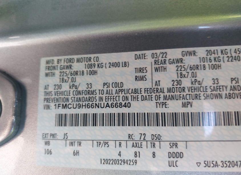 Photo 9 of 2022 Ford Escape SEL (VIN 1FMCU9H66NUA66840)