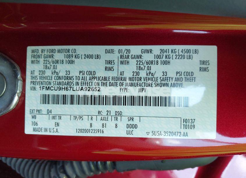 Photo 9 of 2020 Ford Escape SEL (VIN 1FMCU9H67LUA92652)