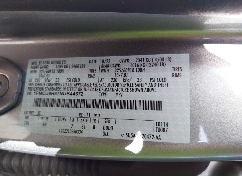 Photo 9 of 2022 Ford Escape SEL (VIN 1FMCU9H67NUB44672)