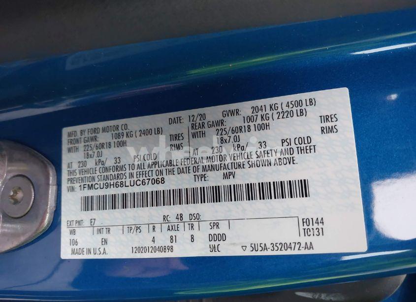 Photo 9 of 2020 Ford Escape SEL (VIN 1FMCU9H68LUC67068)