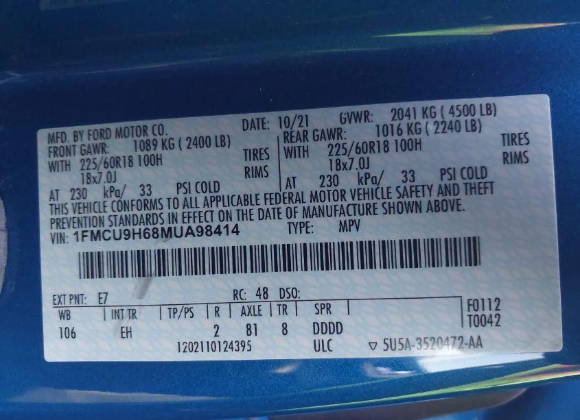 Photo 9 of 2021 Ford Escape SEL (VIN 1FMCU9H68MUA98414)