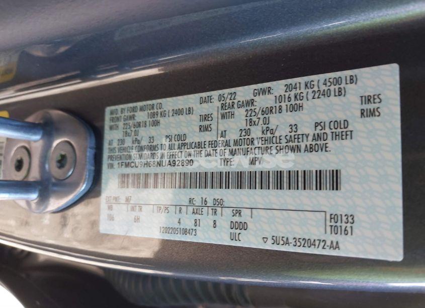 Photo 9 of 2022 Ford Escape SEL (VIN 1FMCU9H68NUA92890)