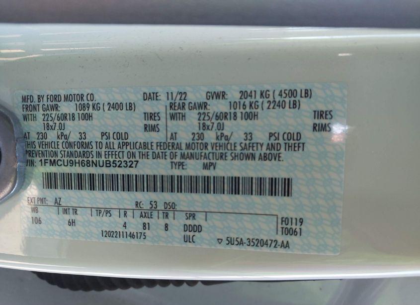 Photo 9 of 2022 Ford Escape SEL (VIN 1FMCU9H68NUB52327)