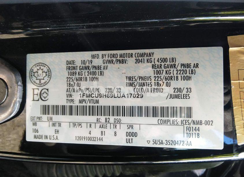 Photo 9 of 2020 Ford Escape SEL (VIN 1FMCU9H69LUA17029)