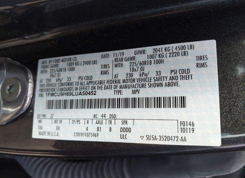 Photo 9 of 2020 Ford Escape SEL (VIN 1FMCU9H69LUA50452)