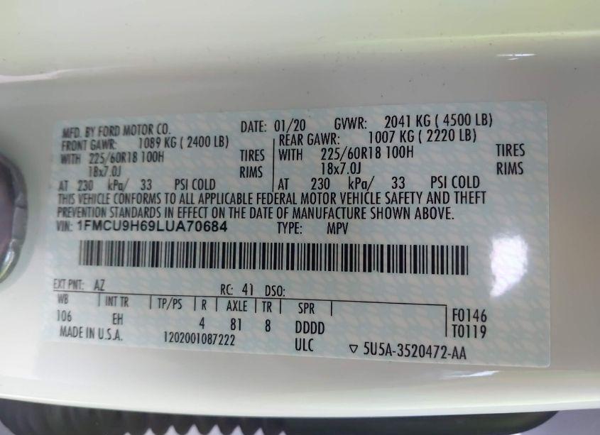 Photo 9 of 2020 Ford Escape SEL (VIN 1FMCU9H69LUA70684)