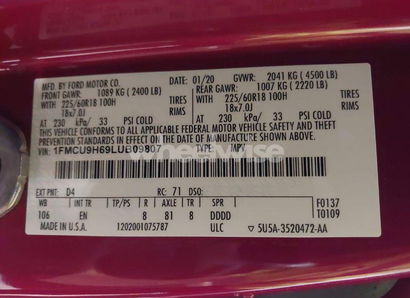 Photo 9 of 2020 Ford Escape SEL (VIN 1FMCU9H69LUB09807)