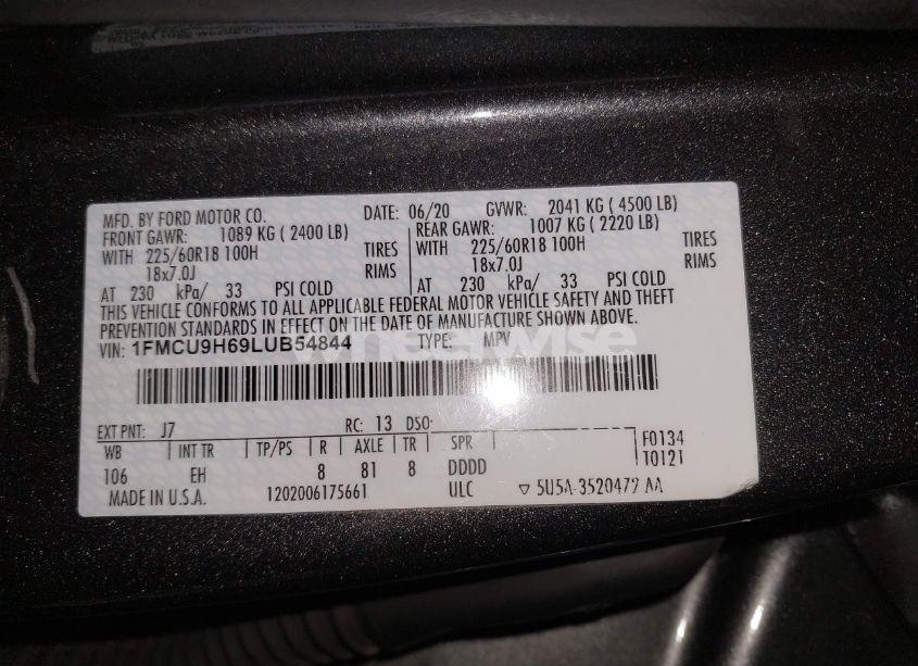 Photo 9 of 2020 Ford Escape SEL (VIN 1FMCU9H69LUB54844)