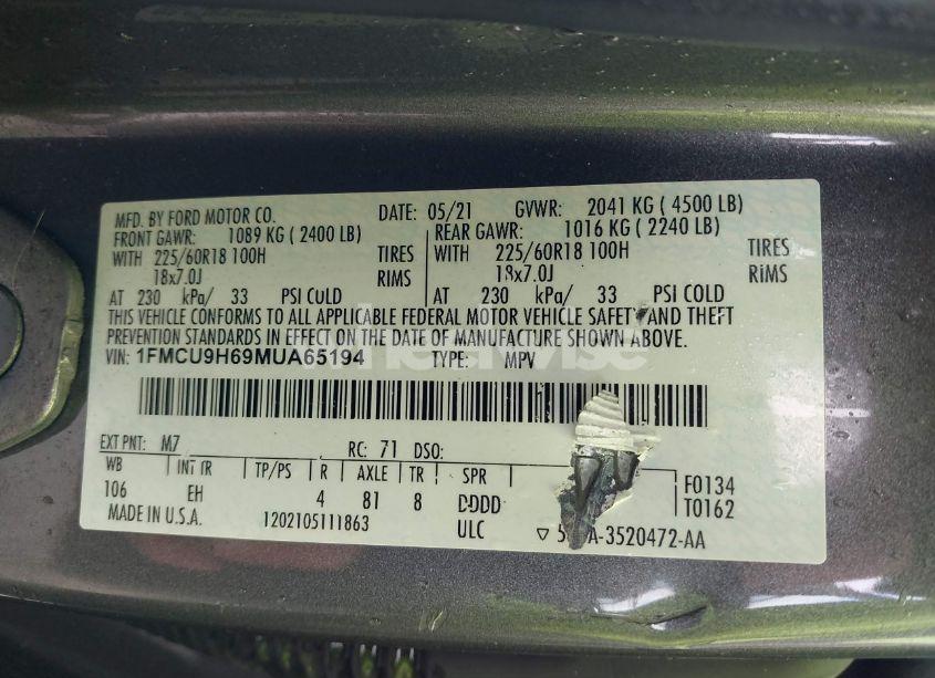 Photo 9 of 2021 Ford Escape SEL (VIN 1FMCU9H69MUA65194)