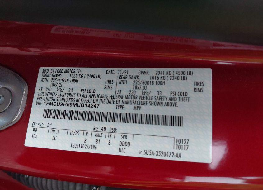 Photo 9 of 2021 Ford Escape SEL (VIN 1FMCU9H69MUB14247)