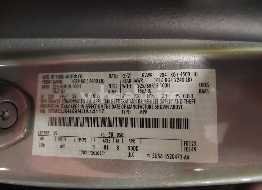 Photo 9 of 2022 Ford Escape SEL (VIN 1FMCU9H69NUA14117)