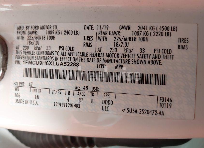 Photo 9 of 2020 Ford Escape SEL (VIN 1FMCU9H6XLUA52288)