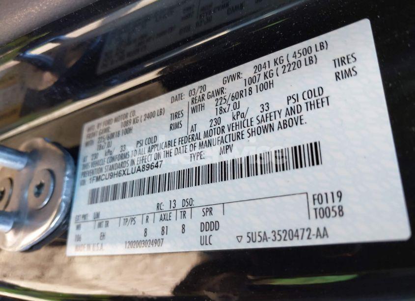 Photo 9 of 2020 Ford Escape SEL (VIN 1FMCU9H6XLUA89647)