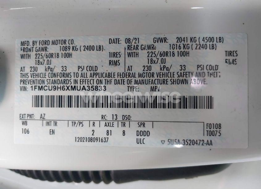 Photo 9 of 2021 Ford Escape SEL (VIN 1FMCU9H6XMUA35833)