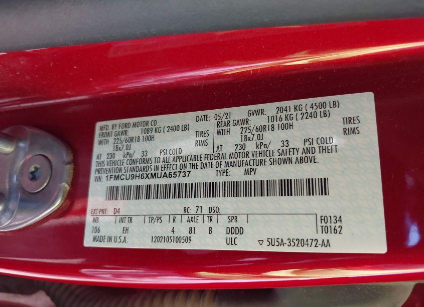 Photo 9 of 2021 Ford Escape SEL (VIN 1FMCU9H6XMUA65737)