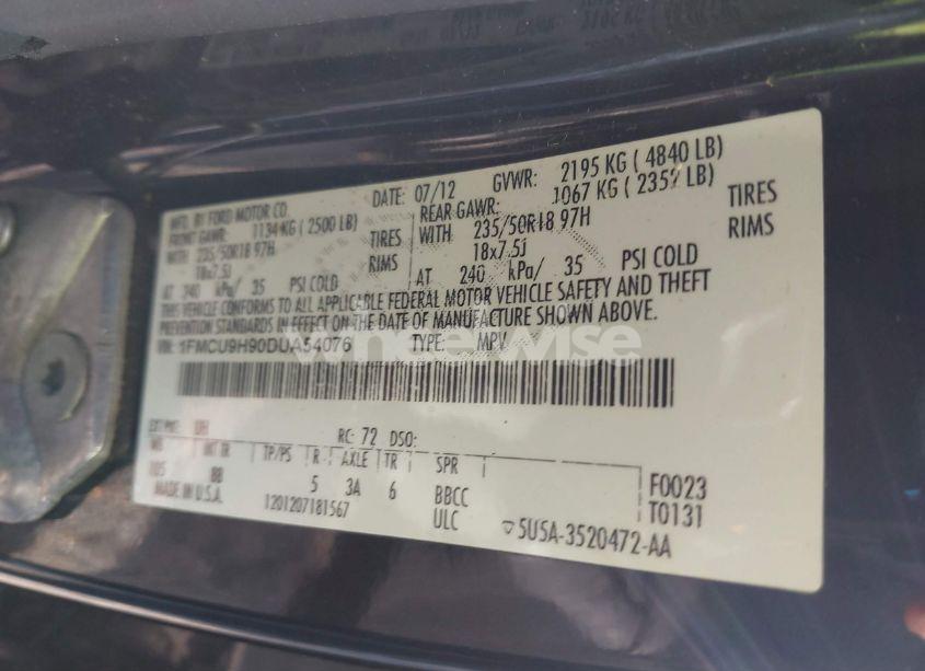 Photo 9 of 2013 Ford Escape SEL (VIN 1FMCU9H90DUA54076)