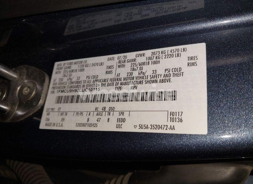 Photo 9 of 2020 Ford Escape SEL (VIN 1FMCU9H90LUC10115)