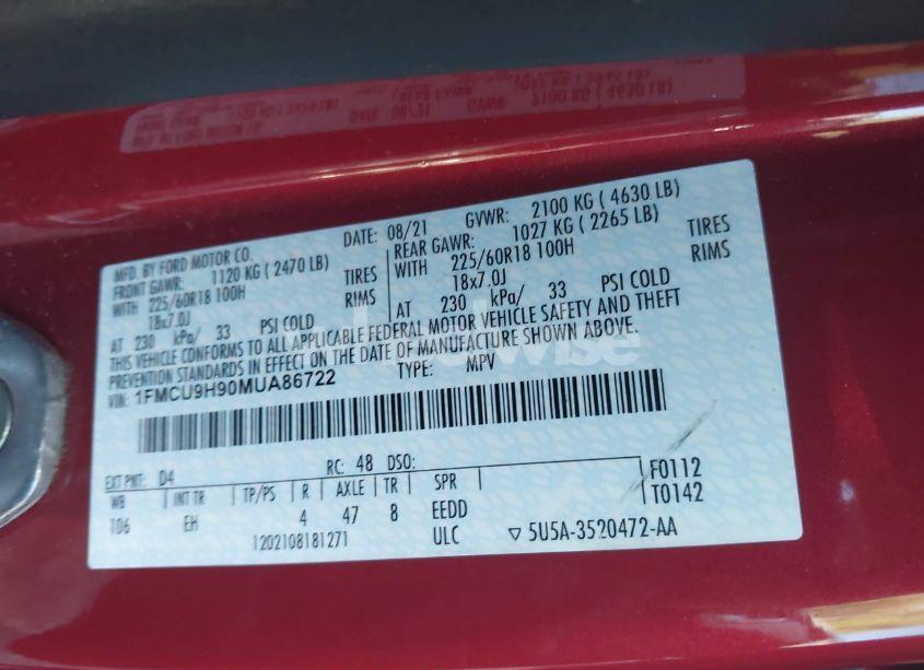 Photo 9 of 2021 Ford Escape SEL (VIN 1FMCU9H90MUA86722)