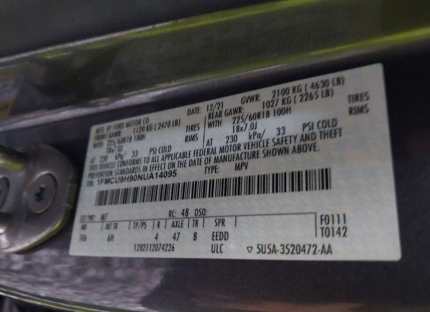 Photo 9 of 2022 Ford Escape SEL (VIN 1FMCU9H90NUA14095)