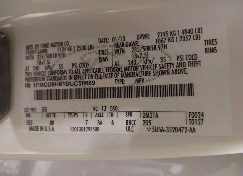 Photo 9 of 2013 Ford Escape SEL (VIN 1FMCU9H91DUC58689)