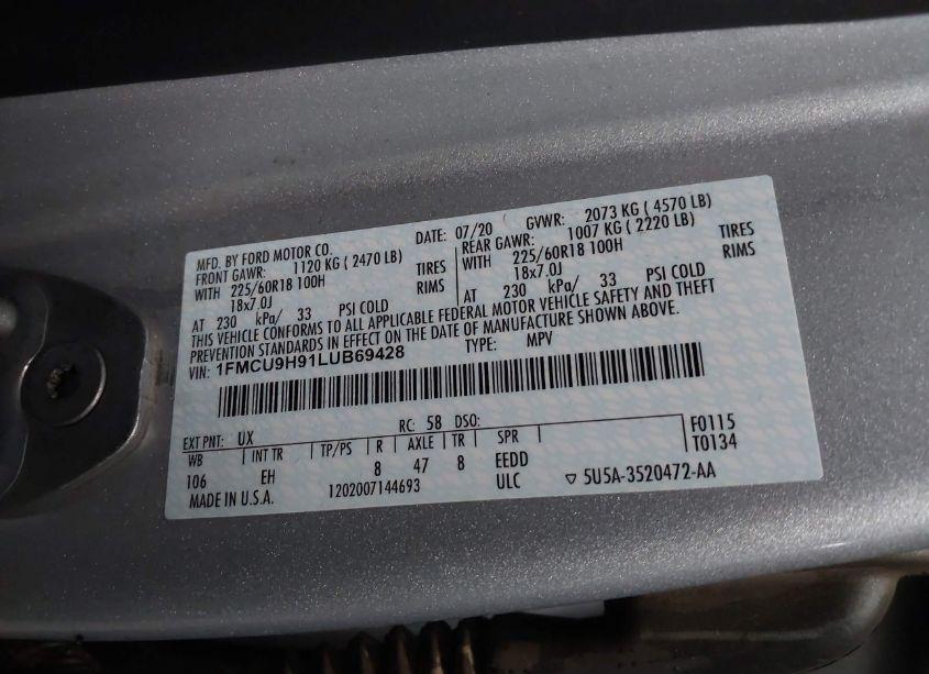 Photo 9 of 2020 Ford Escape SEL (VIN 1FMCU9H91LUB69428)