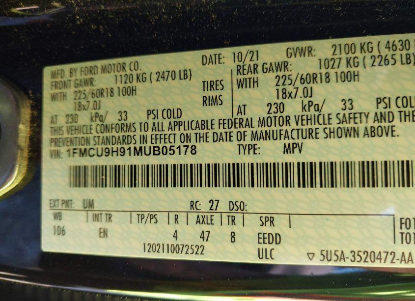 Photo 9 of 2021 Ford Escape SEL (VIN 1FMCU9H91MUB05178)