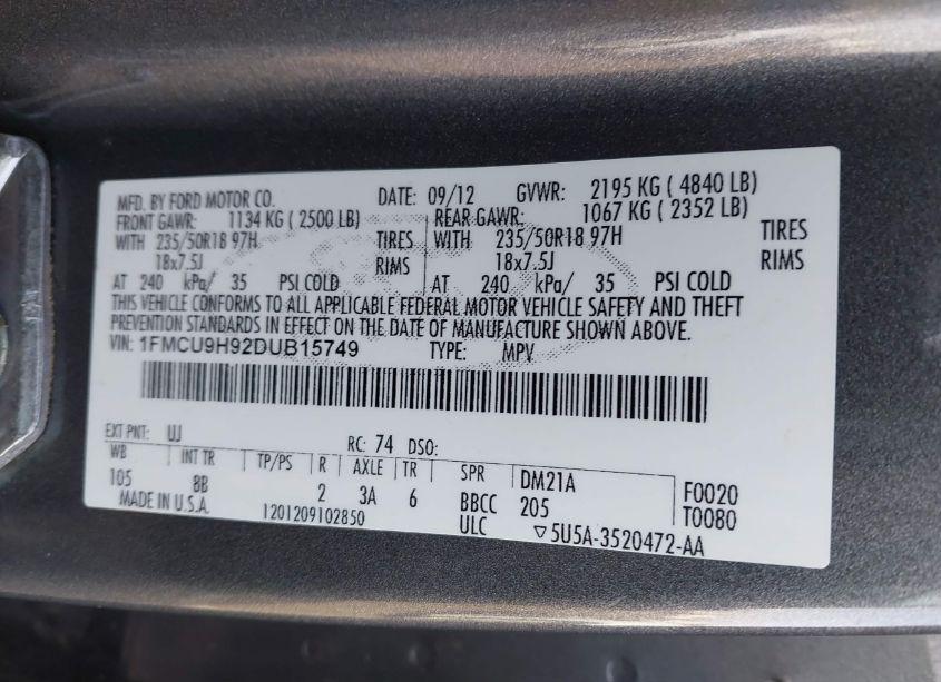 Photo 9 of 2013 Ford Escape SEL (VIN 1FMCU9H92DUB15749)