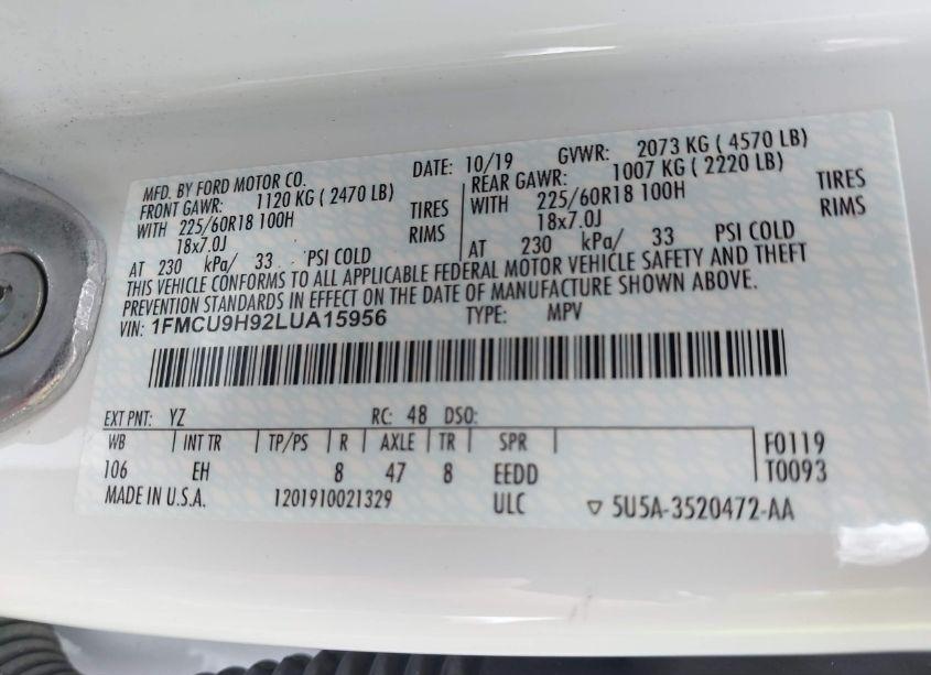 Photo 9 of 2020 Ford Escape SEL (VIN 1FMCU9H92LUA15956)