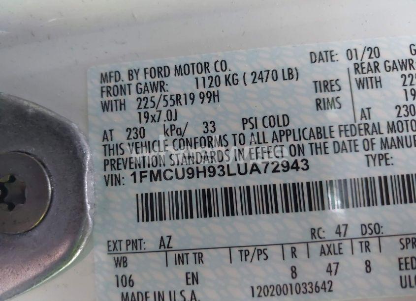 Photo 9 of 2020 Ford Escape SEL (VIN 1FMCU9H93LUA72943)