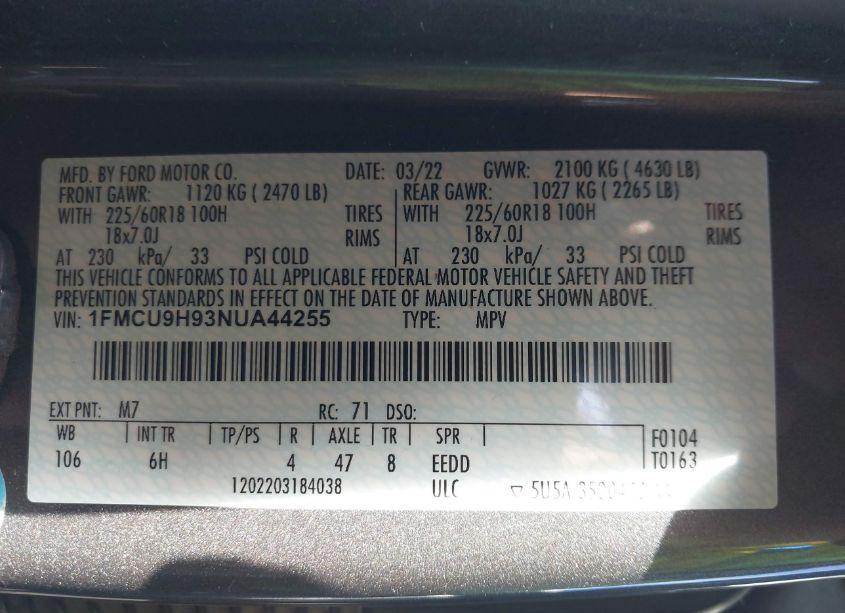 Photo 9 of 2022 Ford Escape SEL (VIN 1FMCU9H93NUA44255)