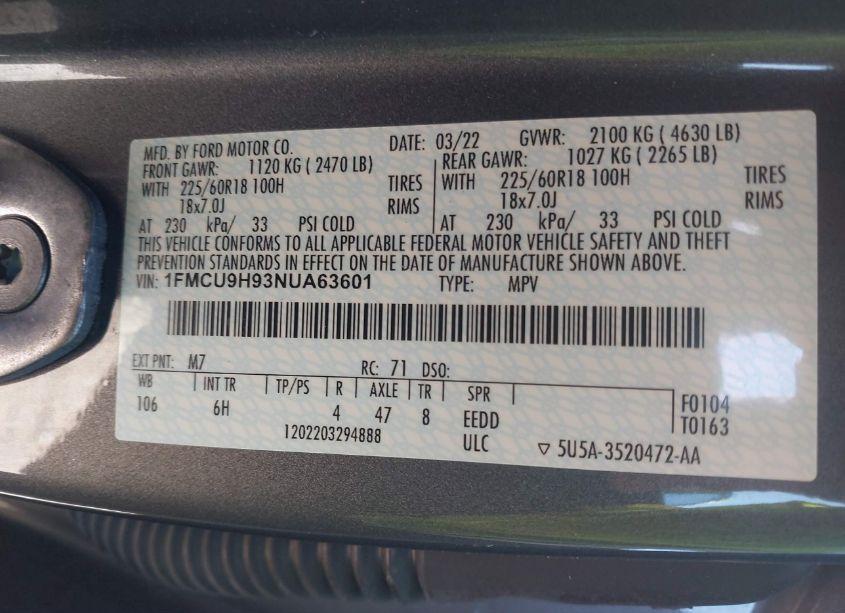 Photo 9 of 2022 Ford Escape SEL (VIN 1FMCU9H93NUA63601)