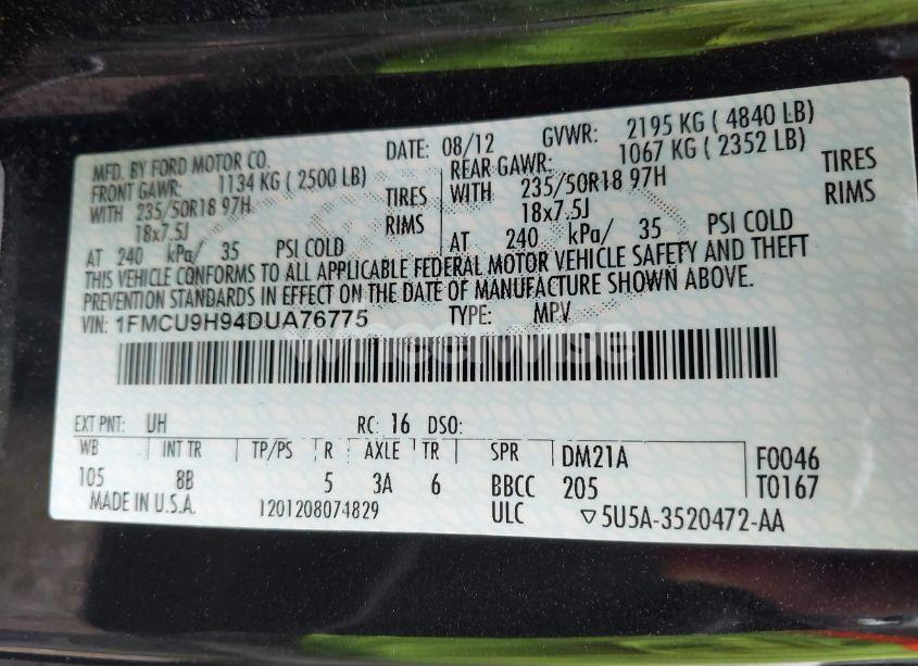 Photo 9 of 2013 Ford Escape SEL (VIN 1FMCU9H94DUA76775)