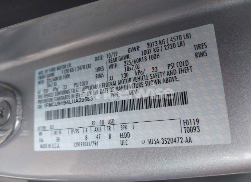 Photo 9 of 2020 Ford Escape SEL (VIN 1FMCU9H94LUA29583)