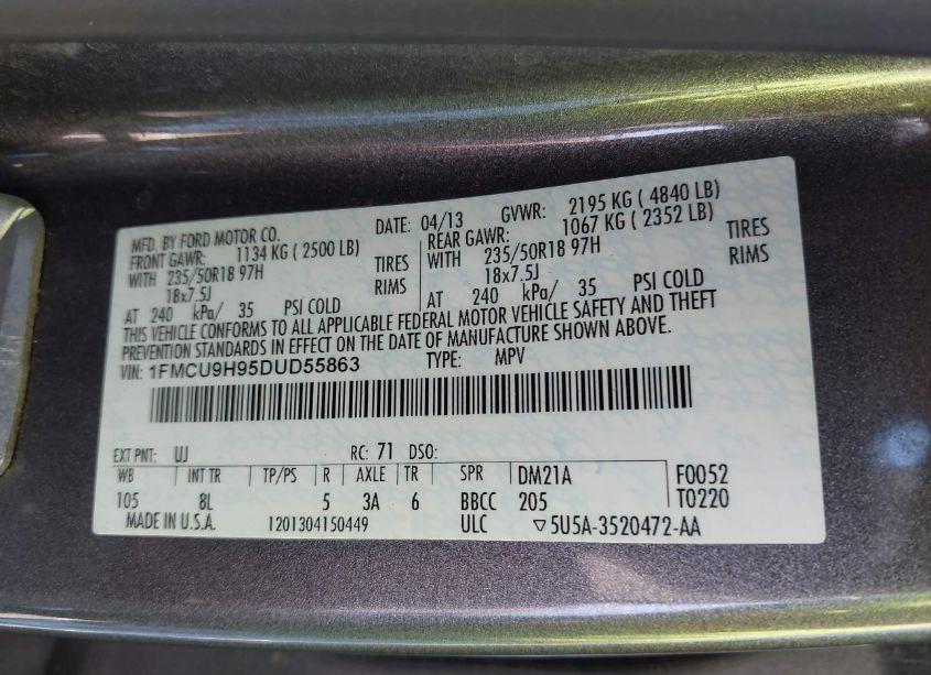 Photo 9 of 2013 Ford Escape SEL (VIN 1FMCU9H95DUD55863)