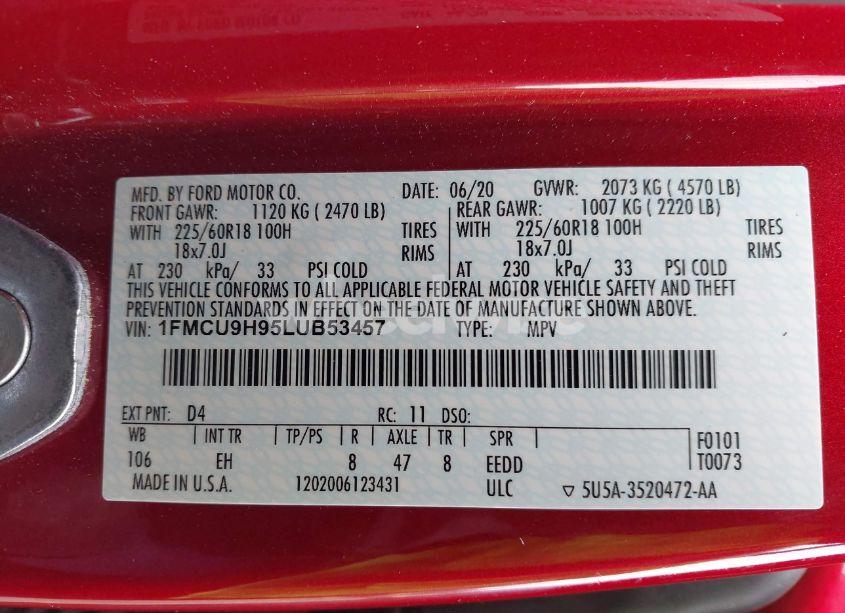 Photo 9 of 2020 Ford Escape SEL (VIN 1FMCU9H95LUB53457)