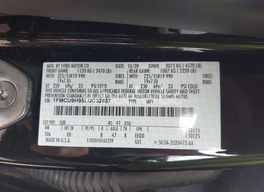 Photo 9 of 2020 Ford Escape SEL (VIN 1FMCU9H95LUC32837)