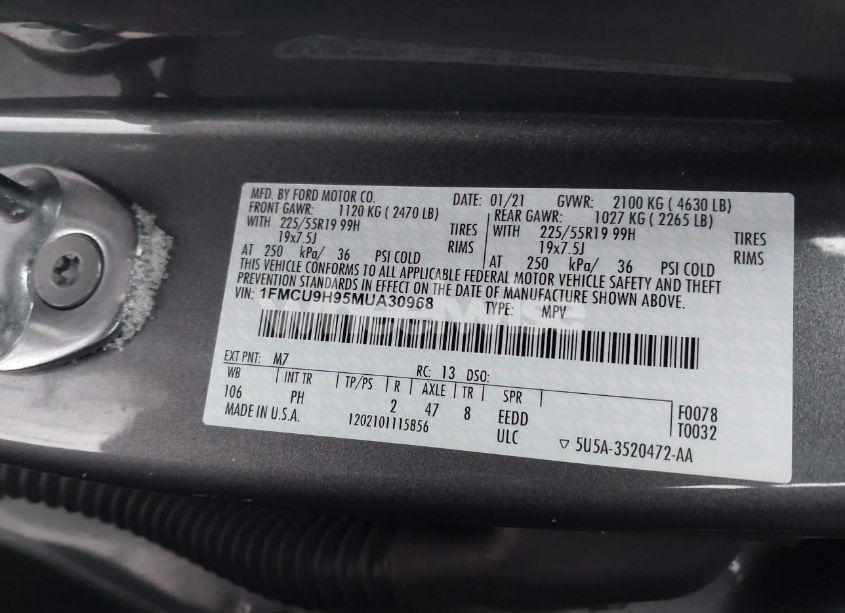 Photo 9 of 2021 Ford Escape SEL (VIN 1FMCU9H95MUA30968)