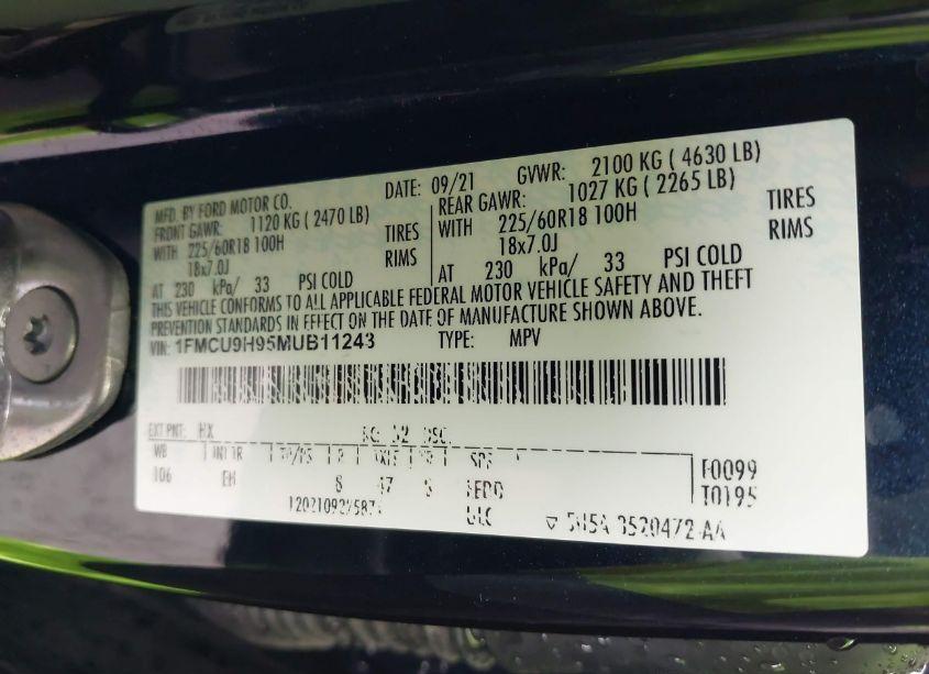 Photo 9 of 2021 Ford Escape SEL (VIN 1FMCU9H95MUB11243)
